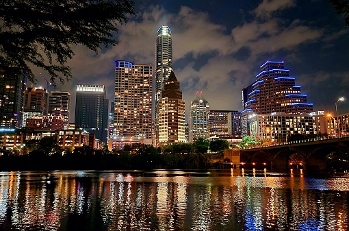 View from the banks of Lady Bird Lake in Austin after the nightly flying of the bats under Congress Ave. Bridge.