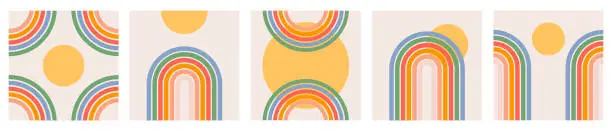 Vector illustration of Trendy abstract set aesthetic backgrounds with sun and rainbow