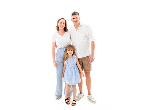 A Parents and daughter having fun on studio portrait. Full body shot