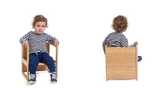 front and back view of a baby boy sitting on chair  on white background