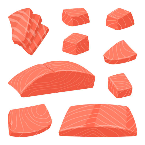 ilustraciones, imágenes clip art, dibujos animados e iconos de stock de rodajas de salmón de dibujos animados. trozos de trucha y salmón chum, deliciosas rodajas de pescado del océano, filete de salmón ilustración vectorial plana sobre fondo blanco - sashimi