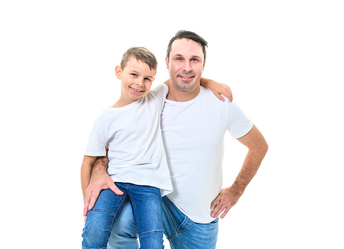 A father with adorable little son isolated on white