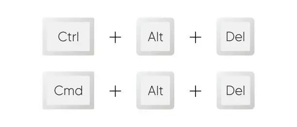 Vector illustration of Keyboard buttons vector icon set. Ctrl Alt Del, Cmd Alt Del shortcut keys symbol. Realistic keyboard image