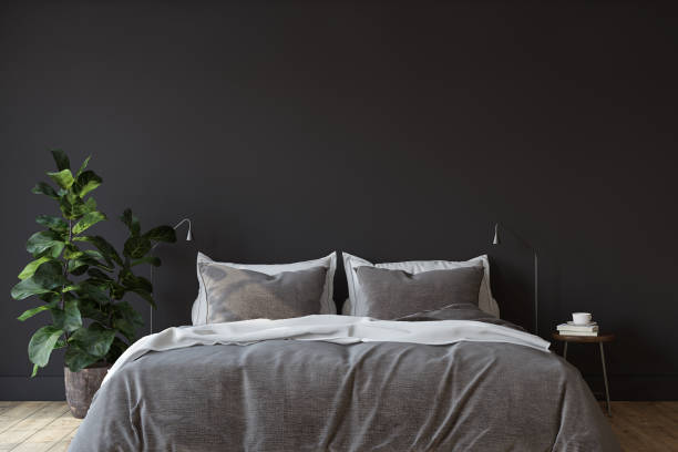 istock Scandinavian bedroom. Bedroom with dark wall. 3d render. 1461666155