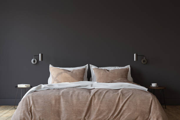 istock Scandinavian bedroom. Bedroom with the dark wall. 3d render. 1461666198