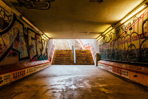 Lisbon, Portugal - November 02, 2022: colorful graffiti on the wall in a subway station in Lisbon