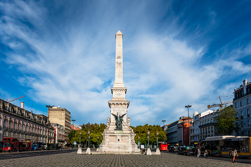 Lisbon, Portugal - November 02, 2022: Restauradores square with Obelisk in Lisbon. Lisbon is the capital of Portugal.