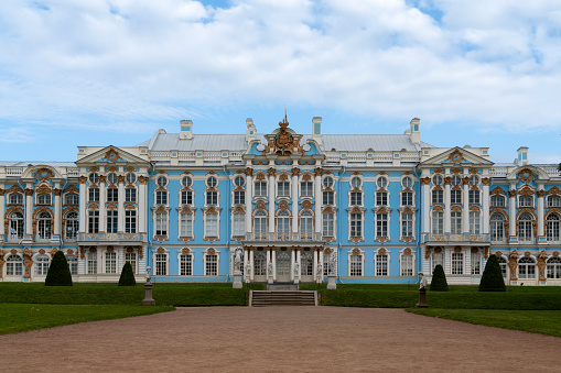 Pushkin, St. Petersburg, Russia, 06.12.2022: View of the Catherine Palace in the Catherine Park of Tsarskoye Selo on a sunny summer day