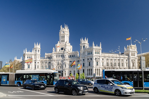 The Palacio de Cibeles is a complex made up of two white-fronted buildings located in one of the centers of historic Madrid, Spain.\nThe Cibeles fountain is a monumental fountain in the city of Madrid, located in the square of the same name, in the center of the Spanish capital.