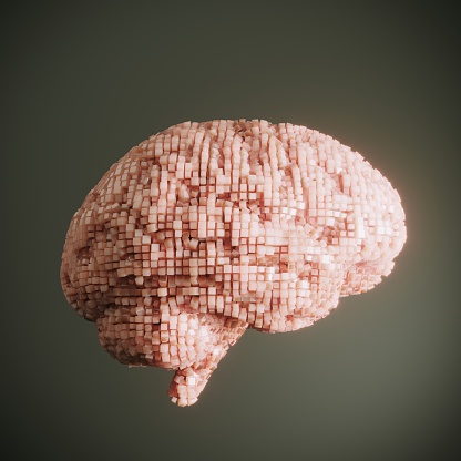 Digital generated brain made of translucent cubes. (3d render)