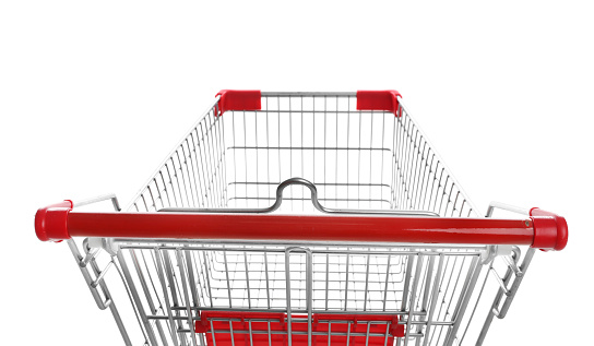 Empty metal shopping cart on white background