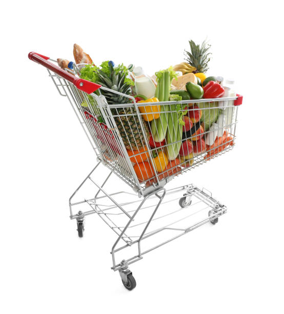 istock Shopping cart with groceries on white background 1461676038