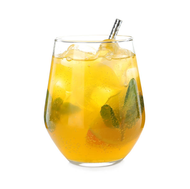 istock Delicious orange soda water on white background 1461676165