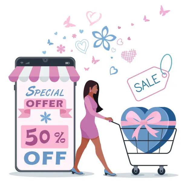 Vector illustration of Special Offer. Valentine's Day design for advertising, banners, and flyers. Online store. Online Shopping. Indian Woman pushing a shopping cart.