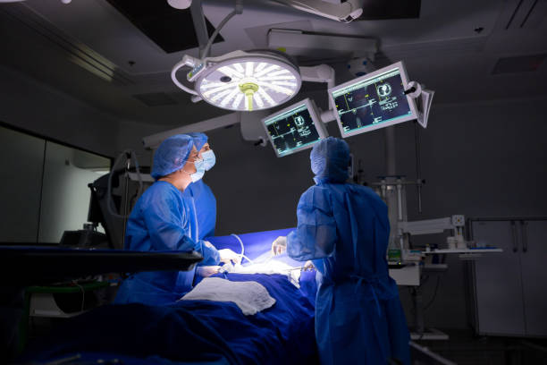 tim ahli bedah melihat gambar di monitor di ruang operasi - teknologi kesehatan potret stok, foto, & gambar bebas royalti