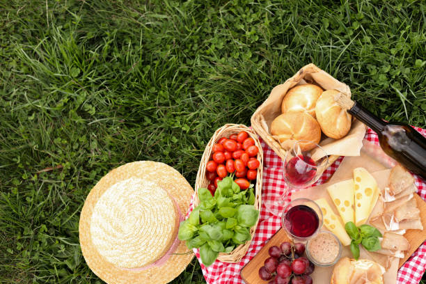 istock Picnic blanket with wine and food on green grass, top view 1461683009