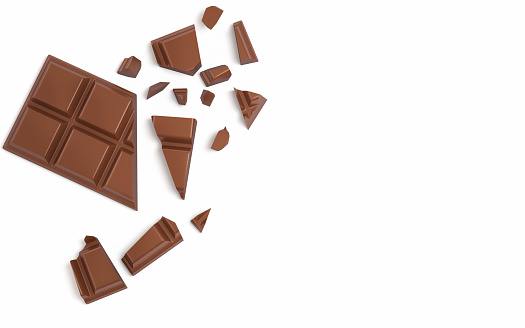 3d render Milk Bar Chocolate Piece, Dropped and Broken Pieces, Food Snack Concept (İsolated on White and Clipping Path)