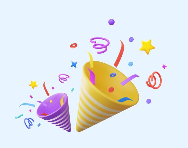 illustrazioni stock, clip art, cartoni animati e icone di tendenza di 3d due party popper - anniversary birthday gift party