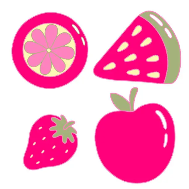 Vector illustration of Sweet bright fruits in pink color, y2k style.