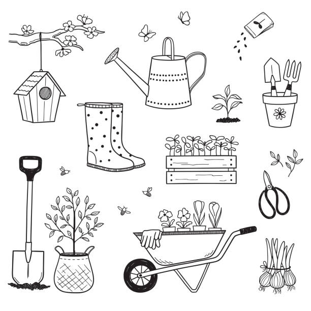 садовая каракули - watering can trowel dirt shovel stock illustrations