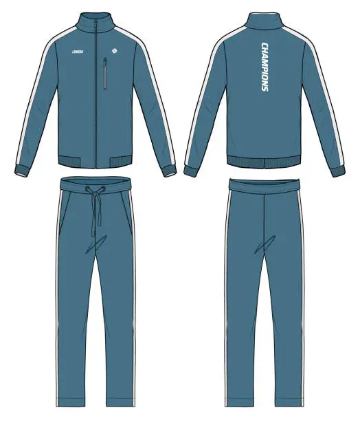 Vector illustration of Long sleeve track suit jacket sweatshirt with jogger track bottom design flat sketch Illustration, running jacket with sweat pant front and back view, winter jacket for Men and women. Winter outerwear
