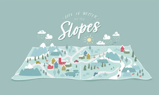 Vector illustration of Cute hand drawn map with snow, mountains, cute villages, slopes. 3d illustrated landscape, adventure - great for banners, wallpapers, cards.