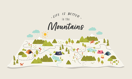 Cute hand drawn map with mountains, tents, trees, hills. 3d illustrated landscape, adventure - great for banners, wallpapers, cards.