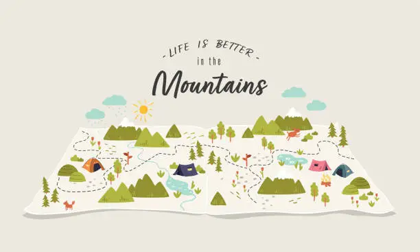 Vector illustration of Cute hand drawn map with mountains, tents, trees, hills. 3d illustrated landscape, adventure - great for banners, wallpapers, cards.
