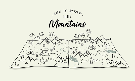 Cute hand drawn map with mountains, tents, trees, hills. 3d illustrated landscape, adventure - great for banners, wallpapers, cards.