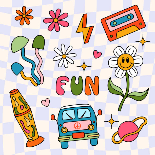 ilustraciones, imágenes clip art, dibujos animados e iconos de stock de pegatinas retro vectoriales aisladas sobre fondo genial. imágenes de dibujos animados al estilo de los 70 y carta de garabatos - old cars audio