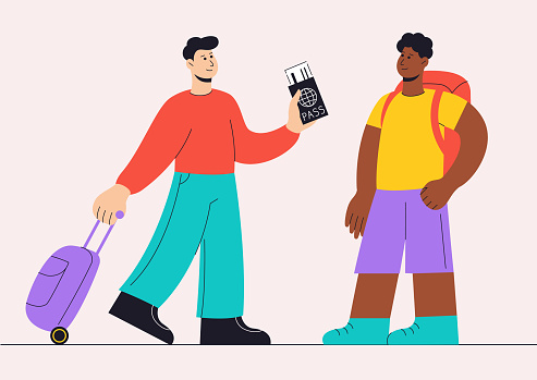 Tourists with luggage vector illustration. Modern characters in airport with suitcase, packpack and passport
