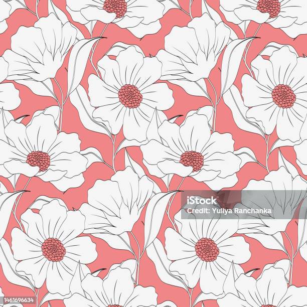 Vecta Pattern Large Seamless Floral Pattern With Large Line Art Flowers Vector Illustration ...