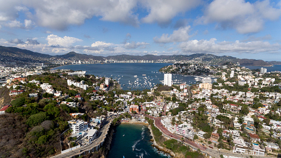 Acapulco Bay aerial view, showing the city of Acapulco and its main beaches, Santa Lucia Bay and La Angosta beach