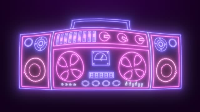 Neon retro tape recorder for listening to songs old vintage hipster luminous blue-purple. Video 4k, motion design