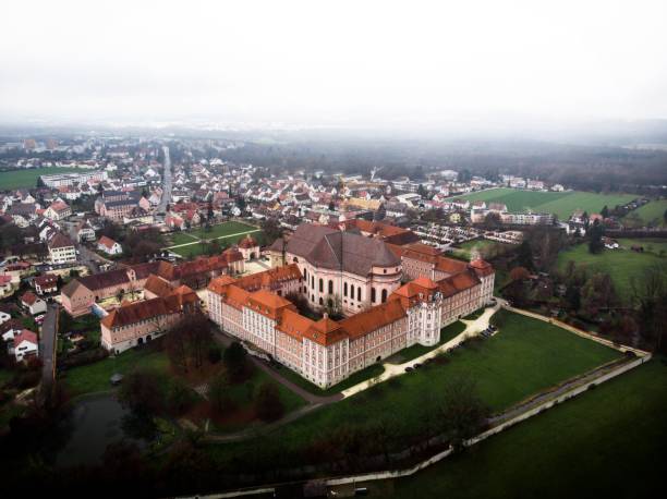Aerial panorama view of former baroque Benedictine Abbey monastery cloister in Wiblingen Ulm Baden Wurttemberg Germany stock photo