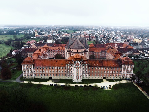 Aerial panorama view of former baroque Benedictine Abbey monastery cloister in Wiblingen Ulm Baden Wurttemberg Germany Europe