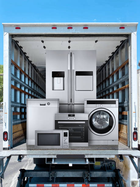 Stainless steel appliances in a truck stock photo