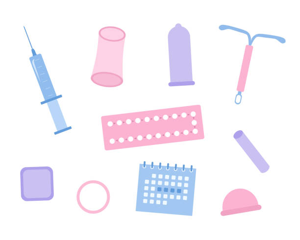 Contraception Methods With Contraceptive Patch, Intrauterine Device, Hormonal Ring, Condom, Diaphragm, Pills, Injection And Calendar Method. Birth Control And Pregnancy Prevention Contraception Methods With Contraceptive Patch, Intrauterine Device, Hormonal Ring, Condom, Diaphragm, Pills, Injection And Calendar Method. Birth Control And Pregnancy Prevention birth control and pregnancy stock illustrations