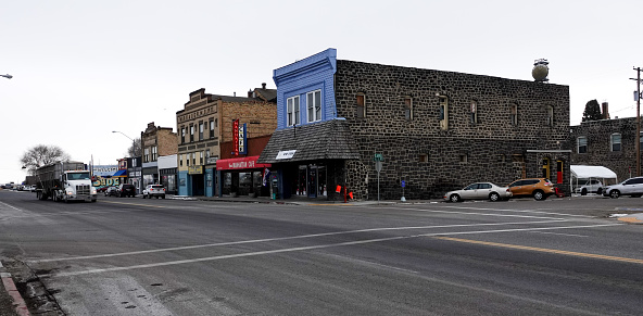 Shoshone, Idaho, USA-January 26,2023: Semi truck on historic Main Street, Shoshone, Idaho railroad town.