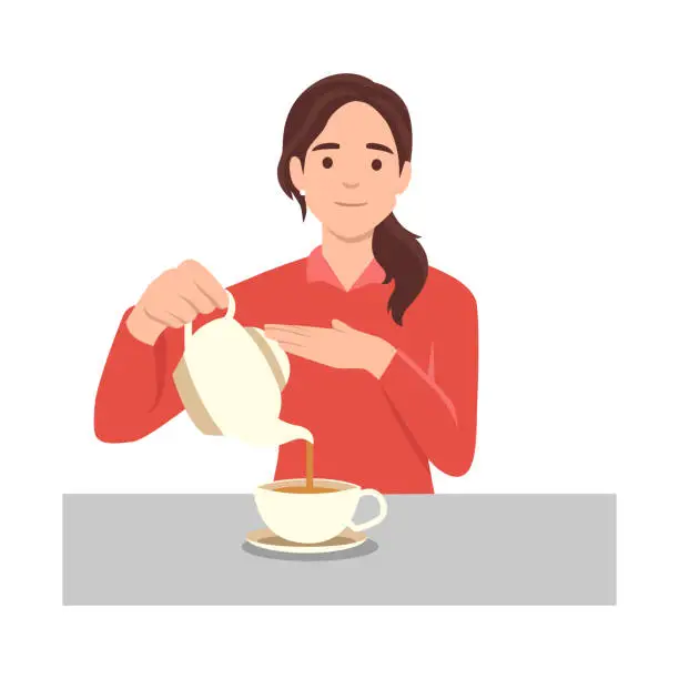 Vector illustration of Young woman pouring tea in cup from kettle. Smiling guy enjoy warm coffee. Flat vector illustration isolated on white background