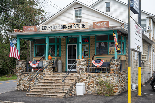 Ellicott City, Maryland, USA - September 28, 2021: An old fashioned corner store in Oella, Maryland