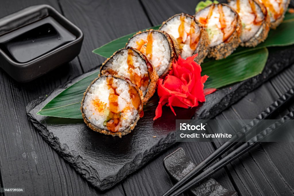 Hot Tempura Roll With Salmon And Cheese Traditional Delicious