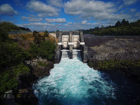 Water discharged released from hydro electricity power plant reservoir Aratiatia Dam in Waikato River Taupo North Island New Zealand