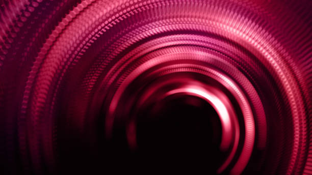 túnel led light trail fibra óptica neón abstracto velocidad círculo anillo remolino espiral rojo caliente rosa negro fondo fantasía puerta pasillo sonido radio patrón de onda holográfico movimiento borroso viva magenta color de moda del año 2023 br - fluorescent light lighting equipment illuminated black fotografías e imágenes de stock