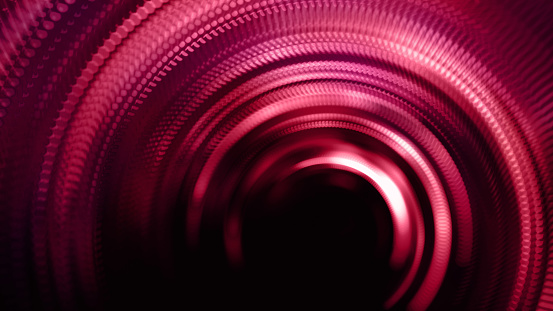 Tunnel LED Light Trail Fiber Optic Neon Abstract Speed Circle Ring Swirl Spiral Red Hot Pink Black Background Fantasy Door Corridor Sound Radio Wave Pattern Holographic Blurred Motion Viva Magenta Trendy Color of Year 2023 Glowing Shiny Purple Texture for presentation, flyer, card, poster, brochure, banner