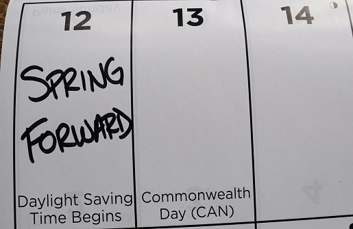 Calendar reminder to spring forward for Daylight Saving Time when clocks move forward one hour on March 12, 2023