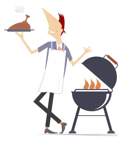 Vector illustration of Smiling man preparing meal on fire