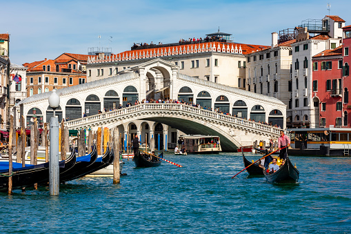 Venice, Italy - October 2022: Rialto bridge and Grand canal in Venice