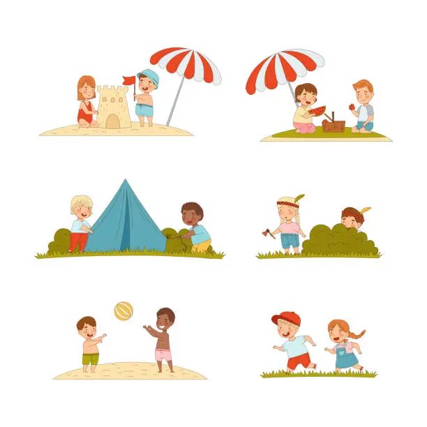 Vector illustration of Happy kids performing summer outdoor activities set. Cute boys and girls building sandcastle, camping, playing volleyball, walking cartoon vector illustration