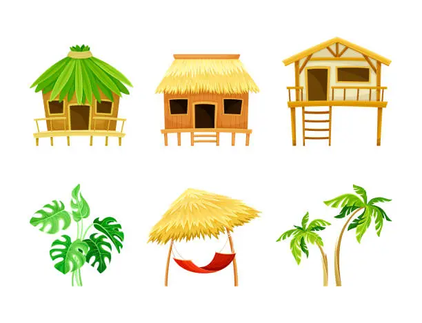 Vector illustration of Beach huts, tropical exotic plants and hammock set cartoon vector illustration